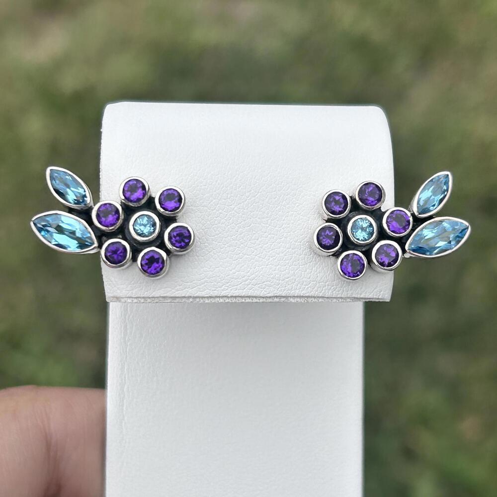 Nicky Butler Amethyst and Blue Topaz Floral Stud Earrings in 925 Sterling Silver
